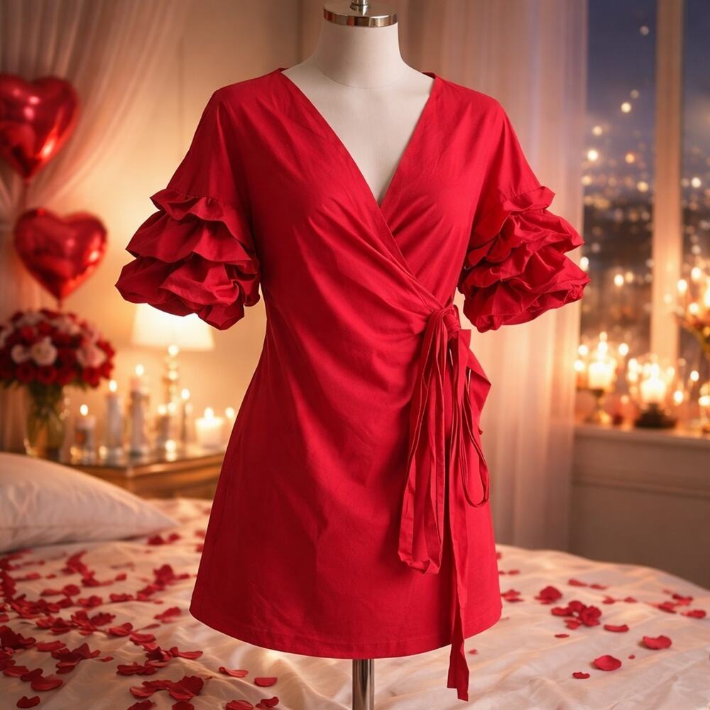 Zara Romantic Sexy Valentine's Minin Dress With Raffled Shor Sleeve Size S .